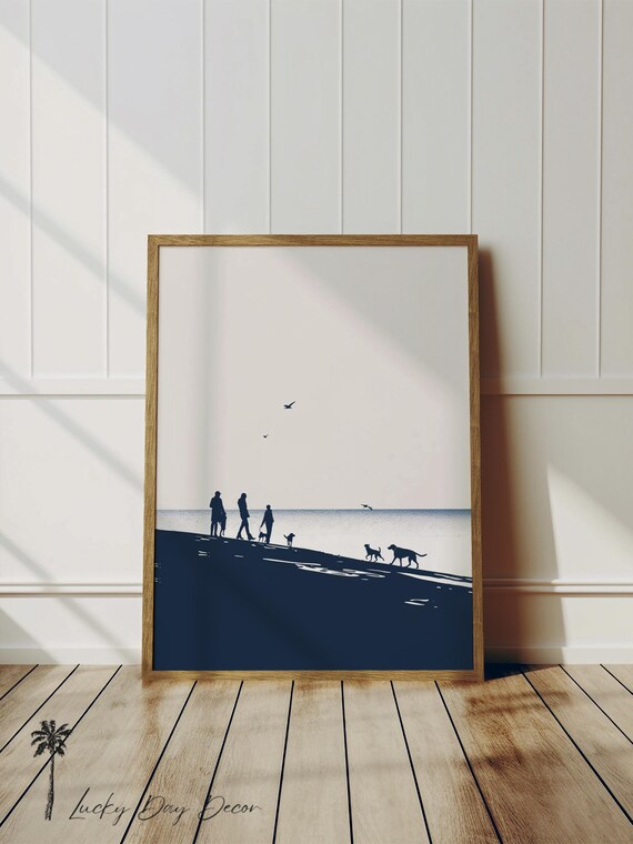 Minimalist Beach Silhouette Family Dogs Shoreline Blue White Poster