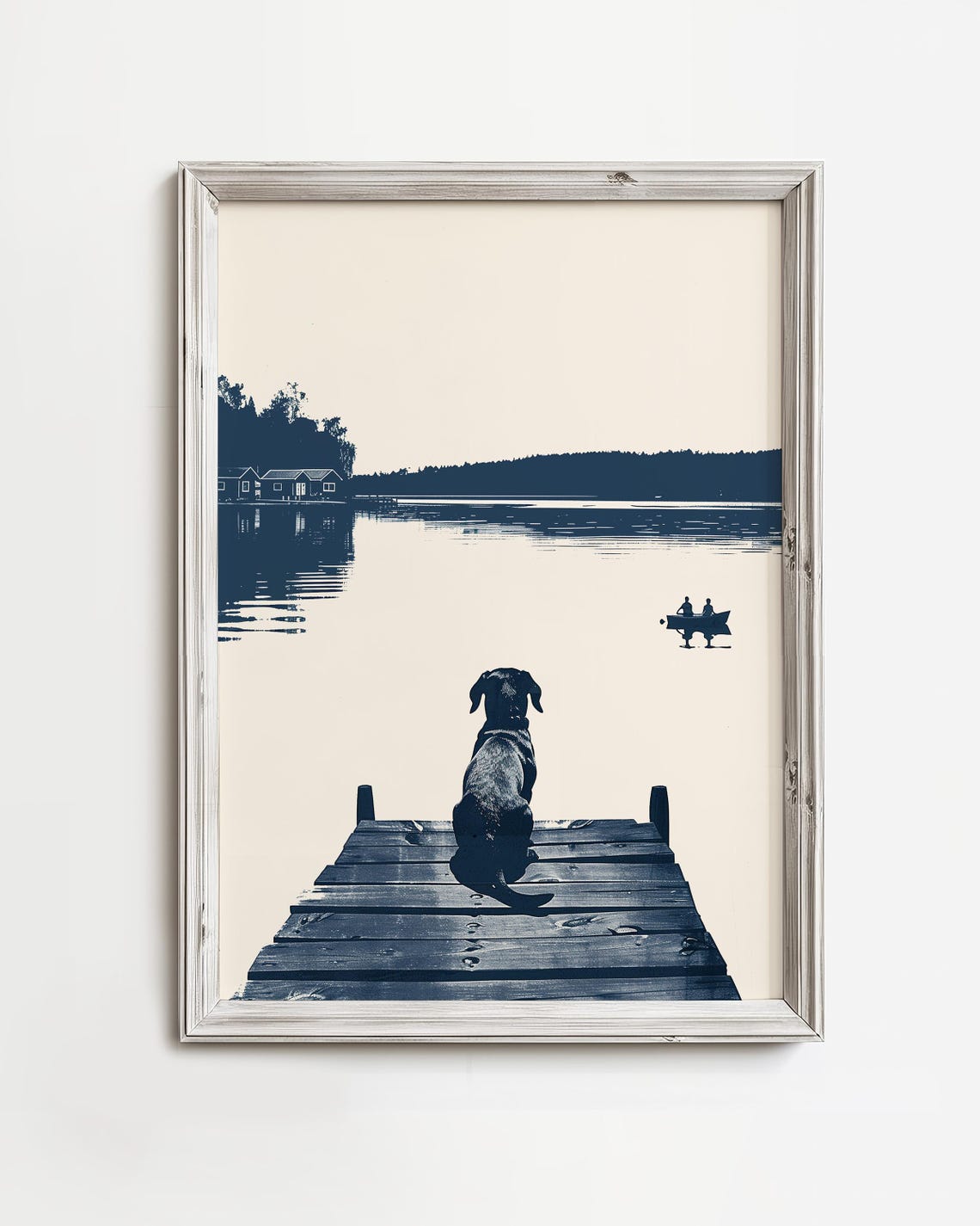 Loyal Dog Sitting Dock Lake Waterfront Ink Sketch Wall Poster