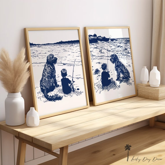 Boy Doodle Fishing On Beach Collection Of 2 Vintage Coastal Home Print Nursery Room Wall Art Adorable Fun Dog Lovers Navy Blue Sketch