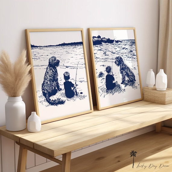 Boy Fishing With Dog On Beach Set Of 2 Coastal Navy Line Wall Art