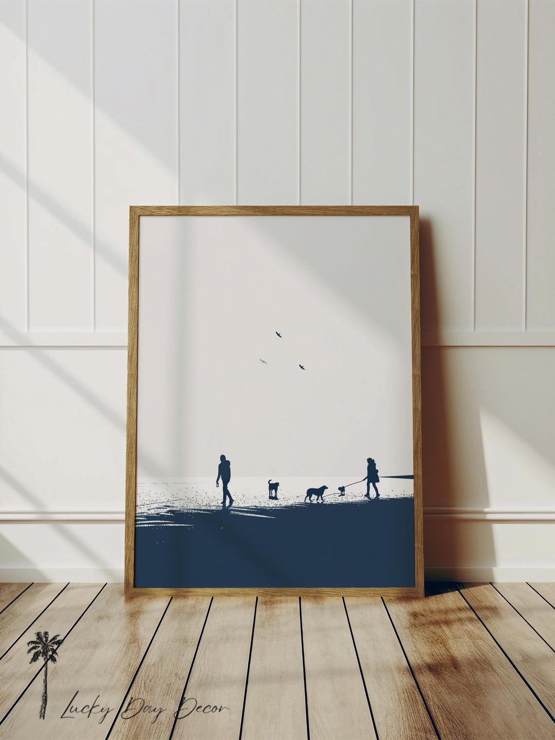 High Tide Beach Walk Minimalist Navy Dog Walkers Silhouette Poster