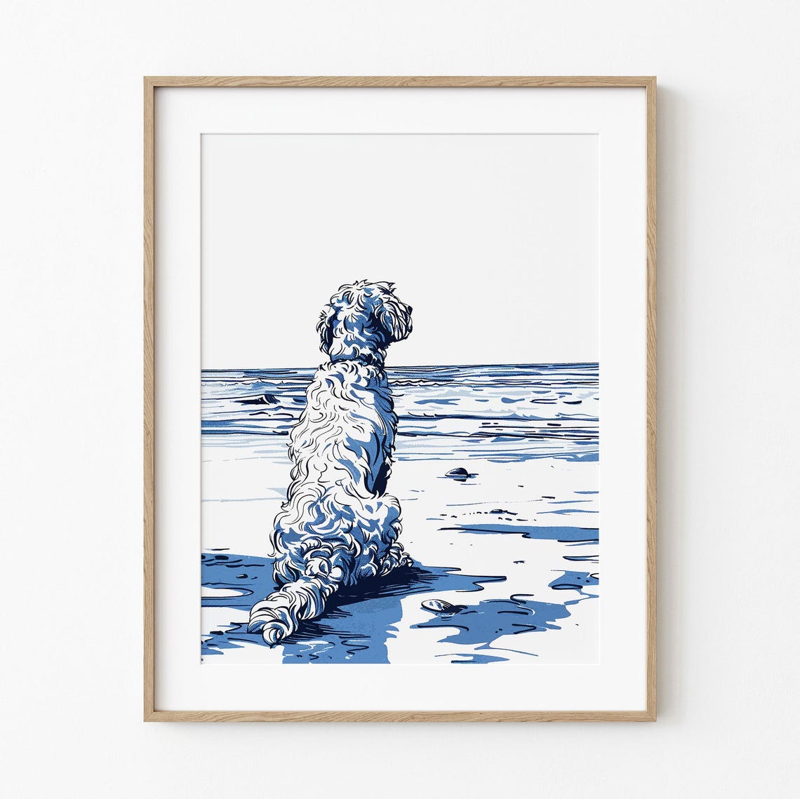 Blue Sketch Doodle Dog Sitting On Beach Watching Ocean Waves Poster