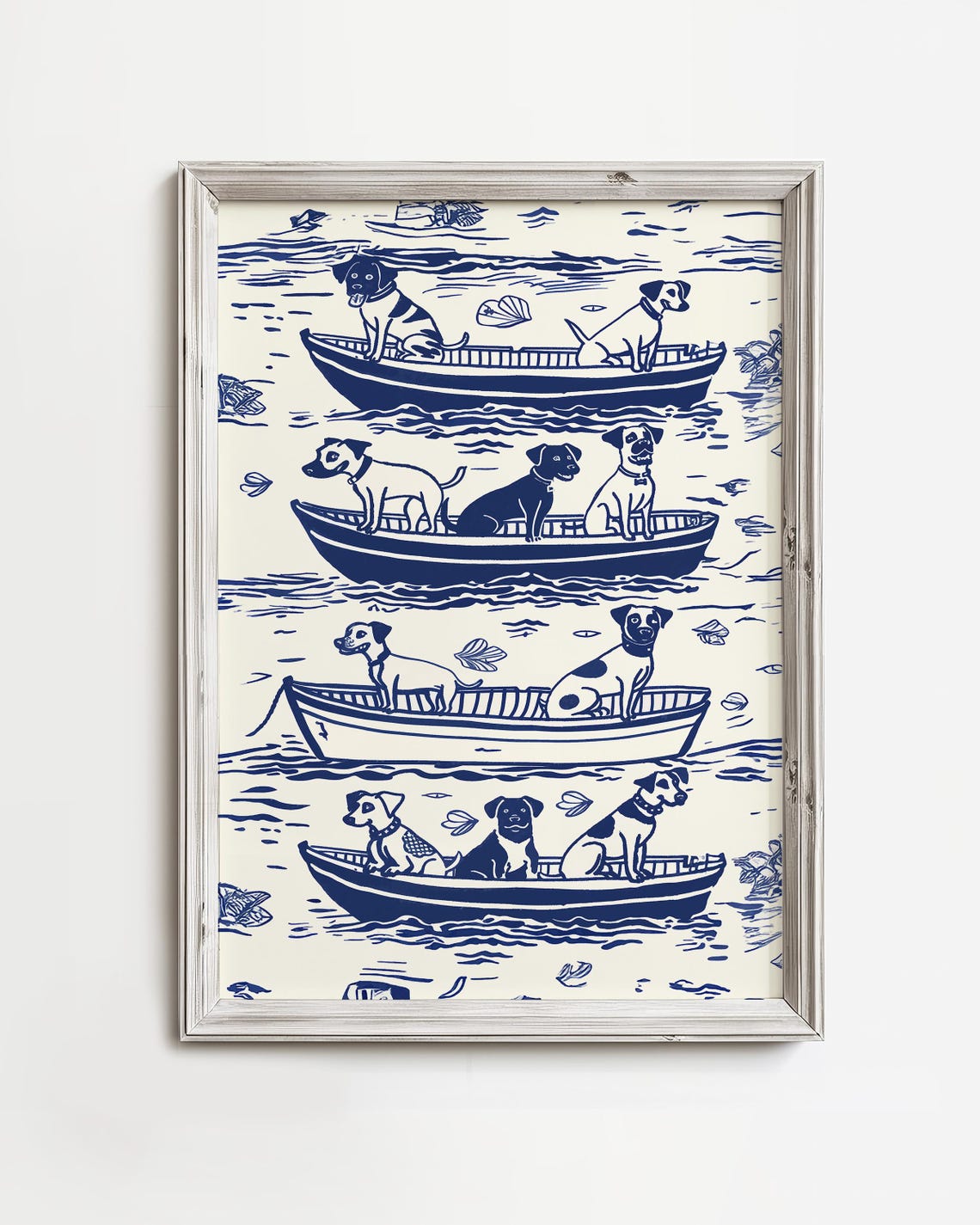 Dogs Sailing In Rowboats Nautical Navy Blue Pattern Wall Print