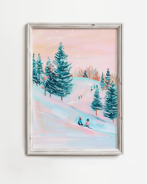 Kids Sledding Down Snowy Hill Pastel Pink Winter Painting Christmas Art Poster