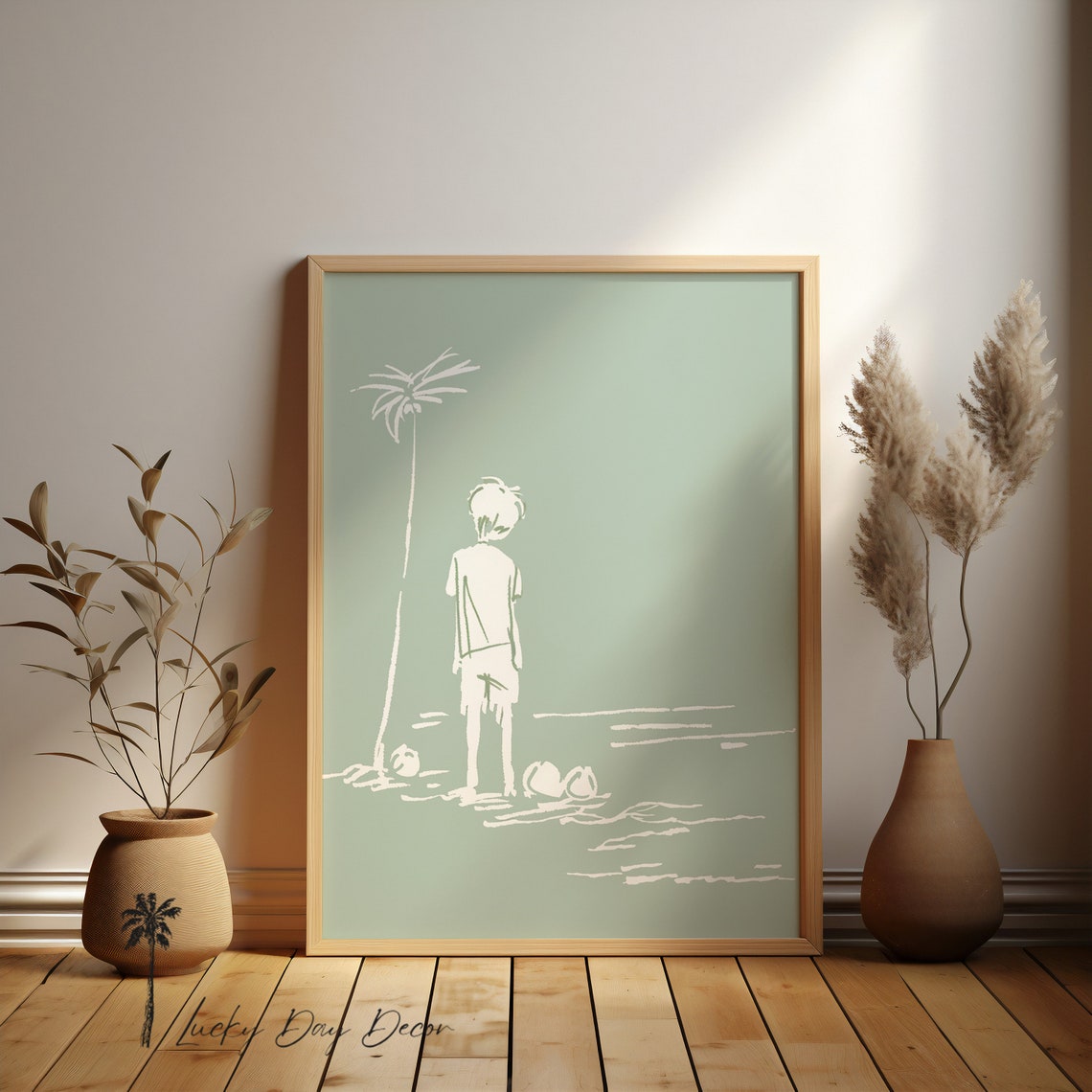 Boy Under Palm Coastal Home Art Nursery Childrens Room Simplistic Green White Print Beach Sketch