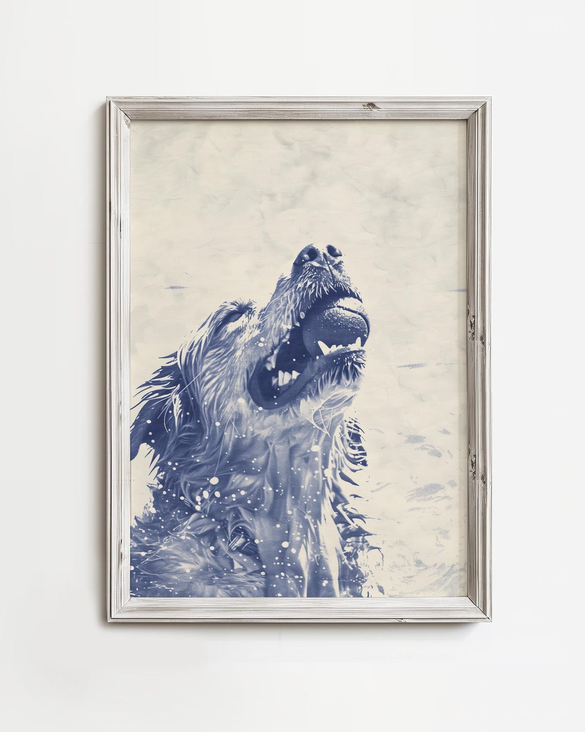 Joyful Dog Catching a Tennis Ball in Navy Blue Water Ink Poster