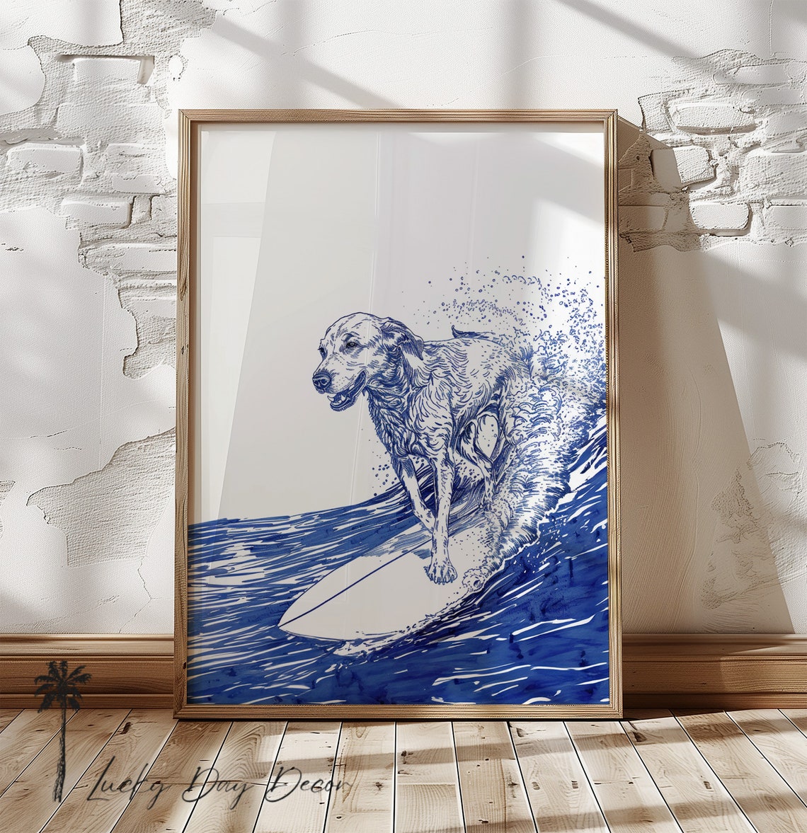 Surfing Labrador Wave Blue Ink Sketch Coastal Dog Scene Poster