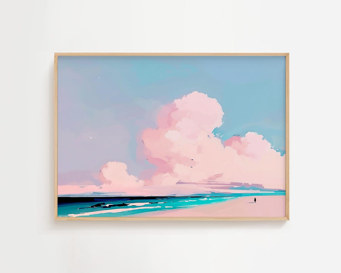 Dreamy Pink Clouds Over Turquoise Sea Pastel Beach Art Poster