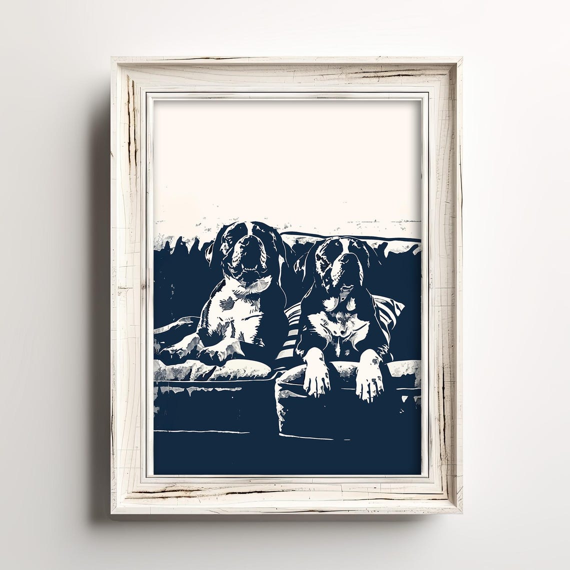 Two Lazy Mastiff Dogs Lounging Navy Linocut Style Pet Wall Art