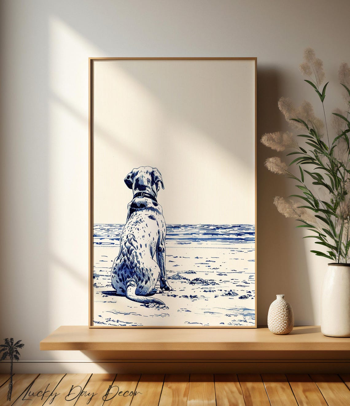 Dalmatian Gazing at the Ocean Blue Ink Coastal Dog Art Print