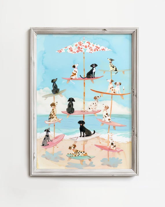 Whimsical Umbrella Surfboard Dogs Funny Home Decor Painting Unique Happy Waterdog Art Colorful Pastel Watercolor Beach Dog