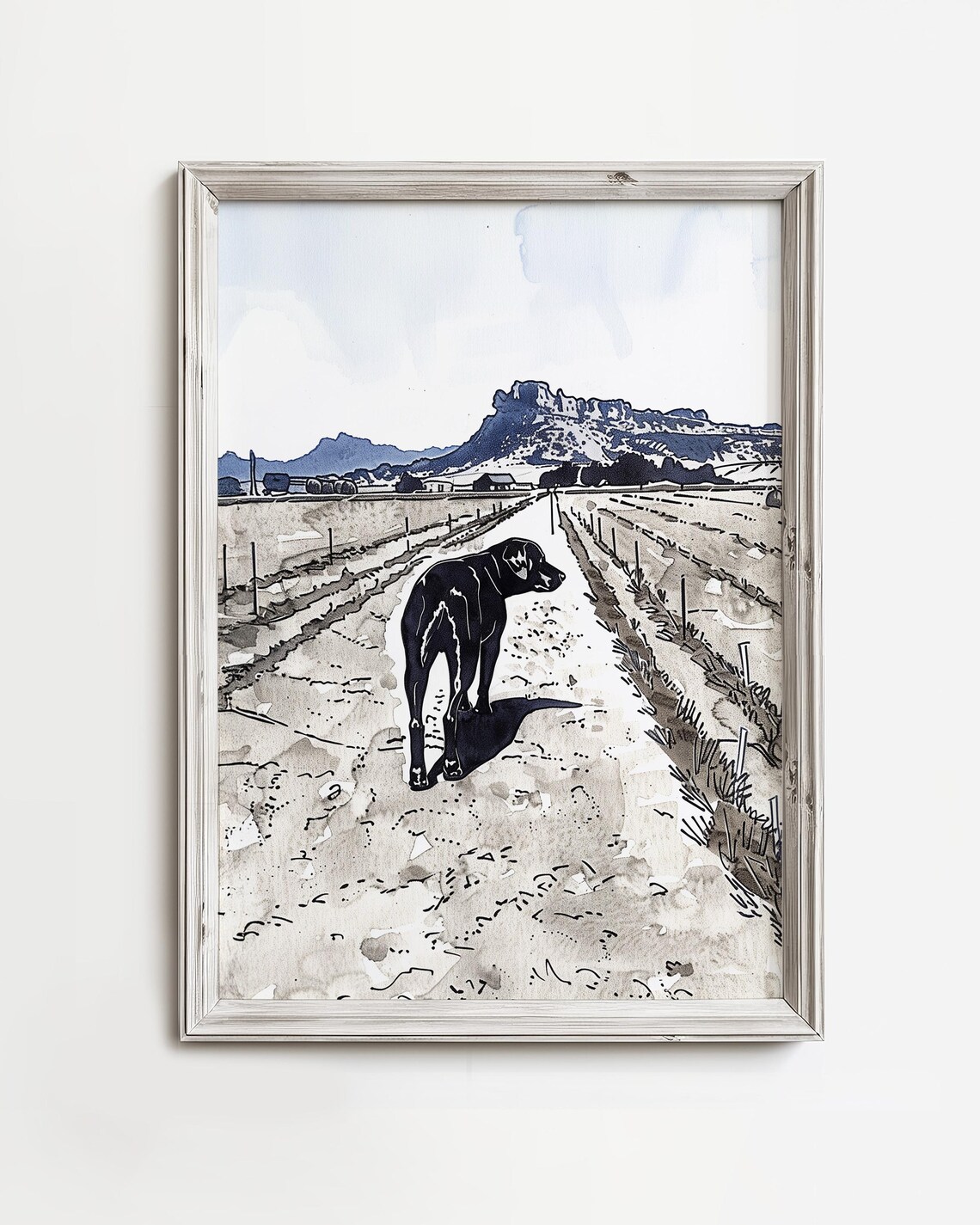 Black Dog Walking Country Road Western Watercolor Ranch Poster
