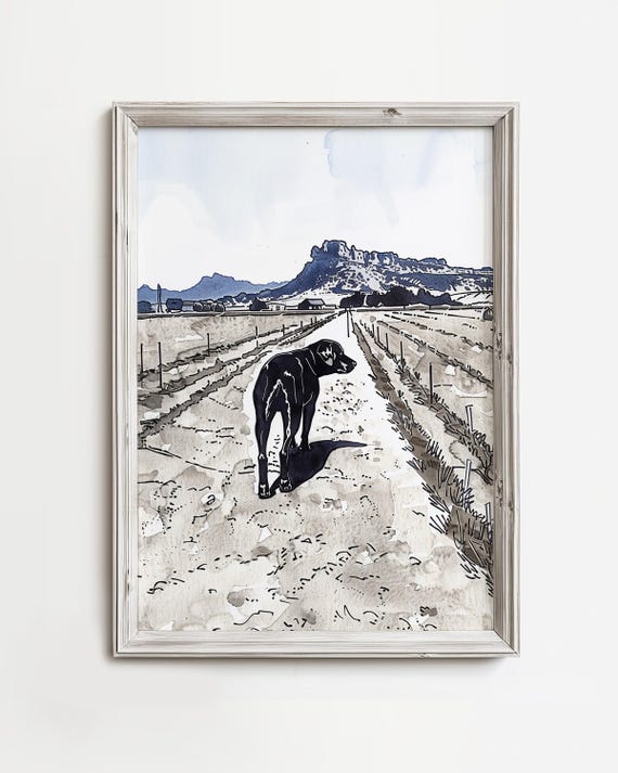 Open Field Dog Walk Fall Sketch Art Ranch Lovers Print Autumn Season Wall Decor Warm Brown Blues