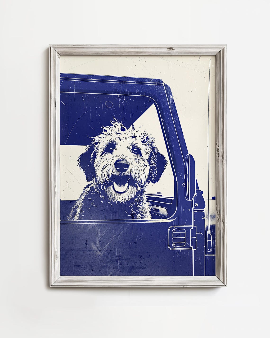 Smiling Doodle Dog Truck Window Blue Vintage Line Art Poster