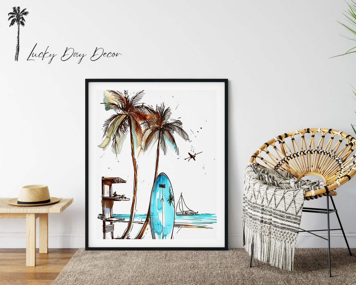 Tropical Beach Palm Trees Watercolor Wall Art Surfboard Sailboat Scene