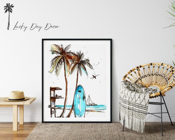 Mexico Border Beach Village Wall Print Vintage Surfer Art Coastal Rustic Colors Fun Imagery