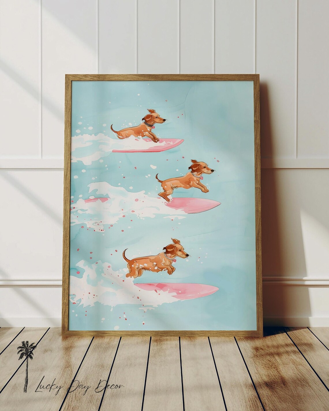 Surfing Happy Doxie Dogs Beach Watercolor Art Print