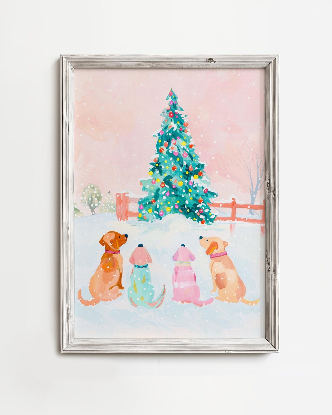 Merry Dogs In Snow Christmas Pastel Pink Art Winter Dog Holiday Painting Snowy Animal Festive December
