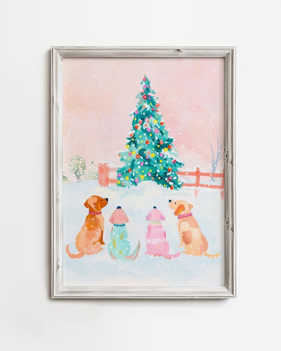 Merry Dogs in Snow Christmas Pastel Pink Tree Puppy Holiday Art Poster