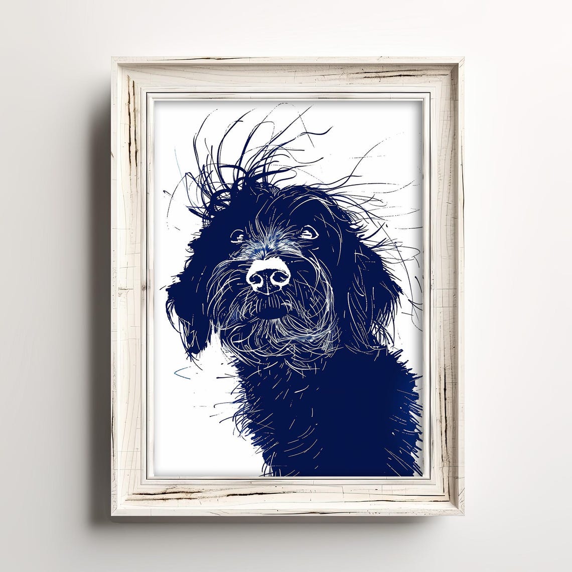 Shaggy Doodle Dog Windswept Hair Funny Navy Sketch Art Poster
