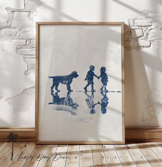 Doodle Dog Walking With Kids Navy Blue Reflection Coastal Art Poster