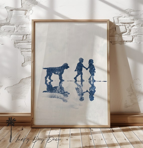 Doodle Following Children Happy Dog Life Rustic Coastal Home Nursery Room Wall Art Simple Navy Blue Sketch