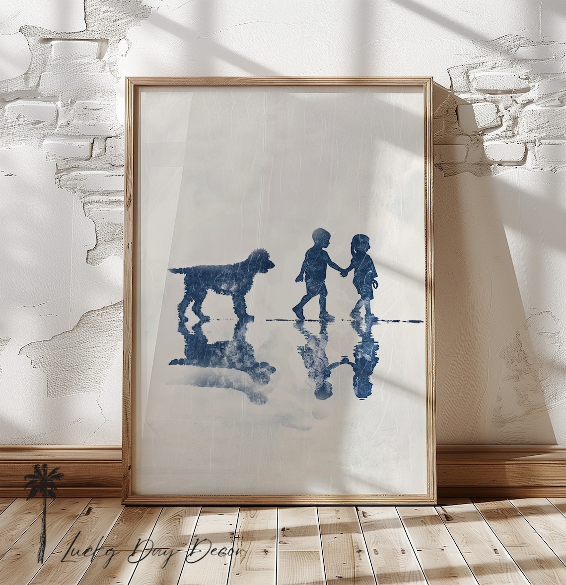 Doodle Dog Walking With Kids Navy Blue Reflection Coastal Art Poster