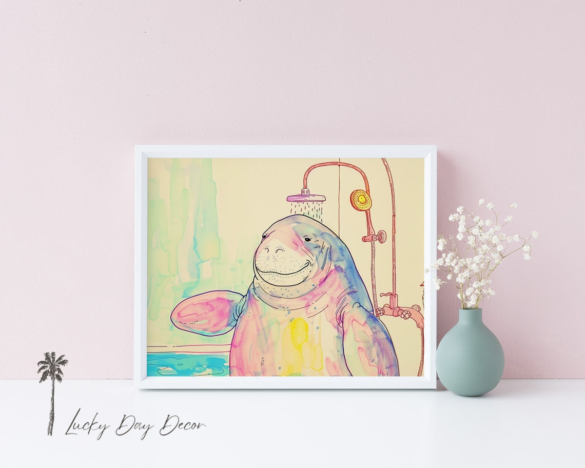 Manatee Taking A Shower Whimsical Pastel Watercolor Funny Poster