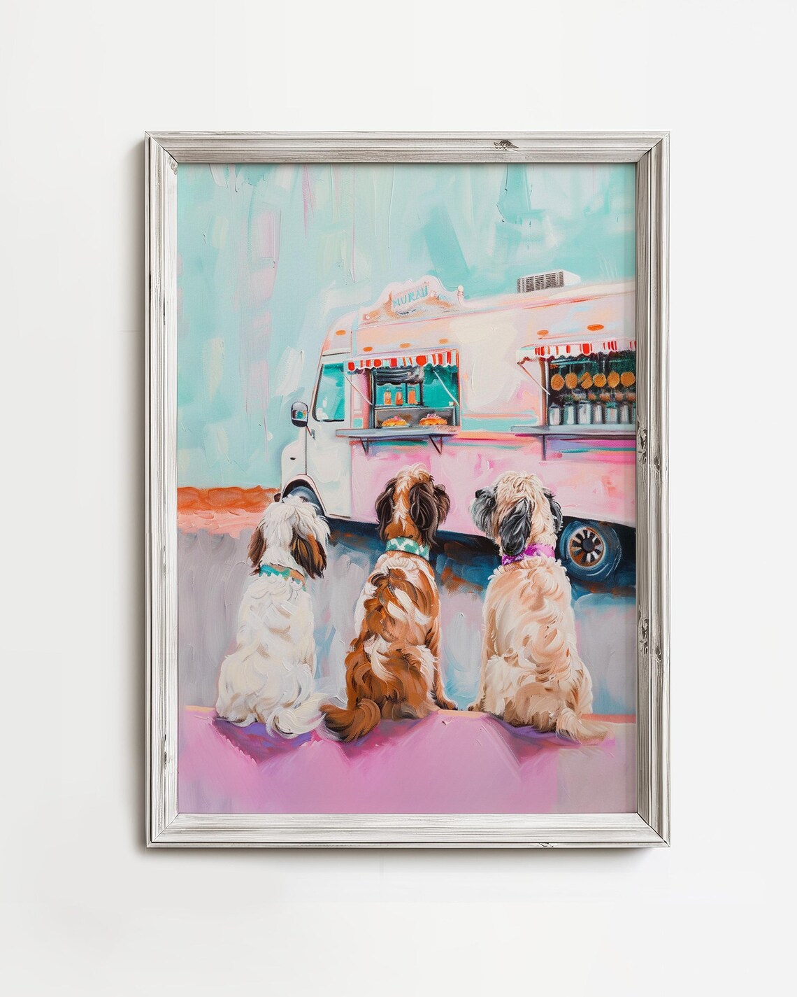 Dogs Food Truck Delight, Whimsical Pink Pastel Art Print