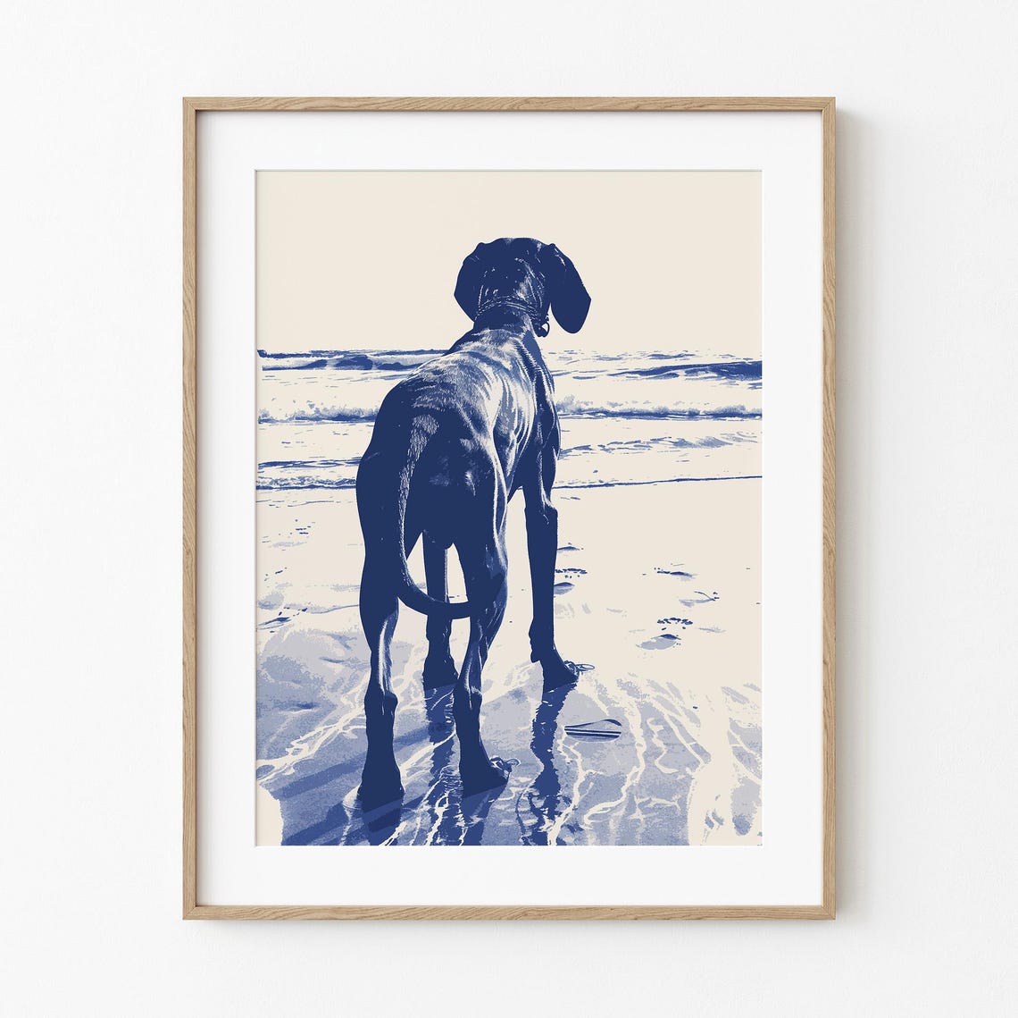 Hound Dog On Beach Gazing At Ocean Navy Two Tone Coastal Art Poster