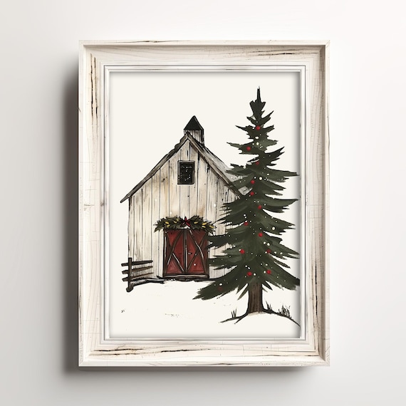 White Country Barn With Christmas Tree Farmhouse Sketch Holiday Poster