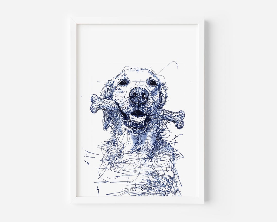 Golden Retriever Holding Bone Navy Blue Line Dog Sketch Art Poster
