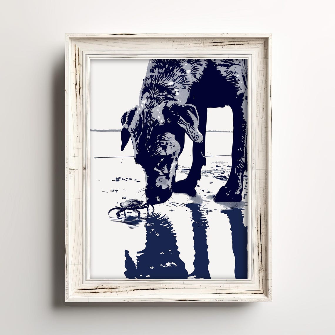 Black Labrador Sniffing Crab Coastal Navy Beach Sketch Dog Wall Art