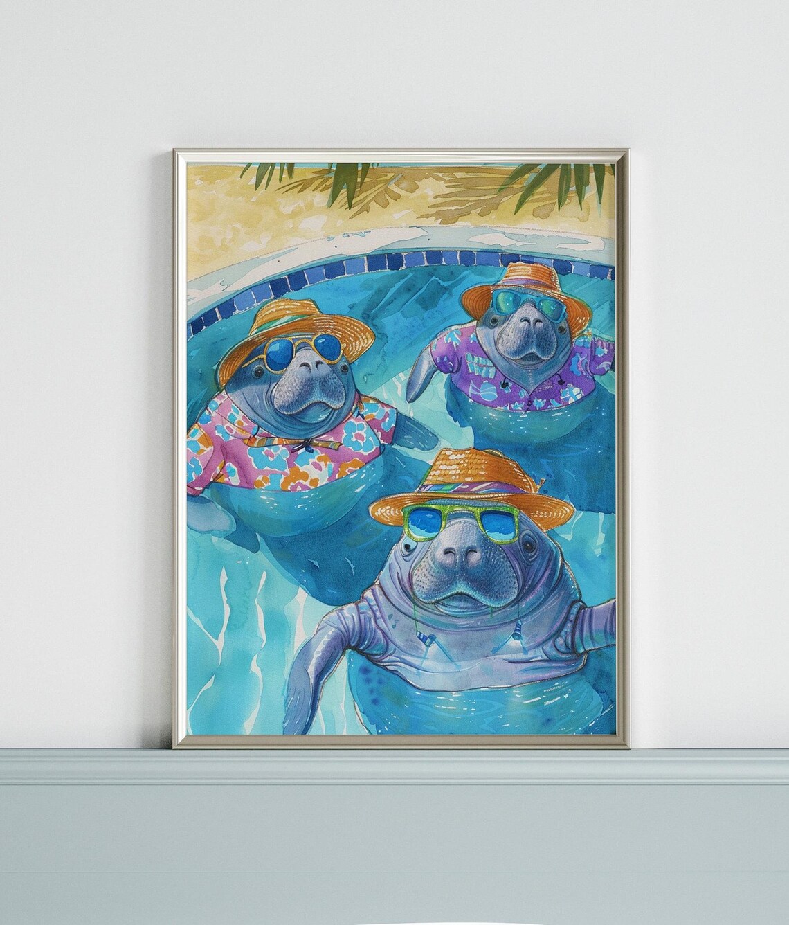 Three Happy Manatees In Hats Sunglasses Floating Pool Watercolor Poster