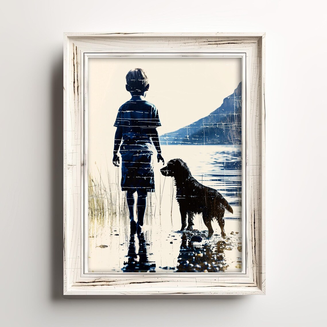 Boy Dog Waters Edge Lake Life Sketch Art Print