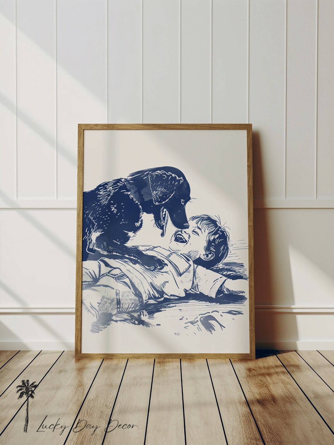 Coastal Puppy And Boy Playing At The Beach, Poster