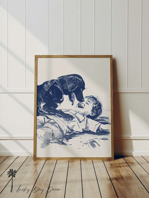 Coastal Puppy And Boy Playing At The Beach, Poster
