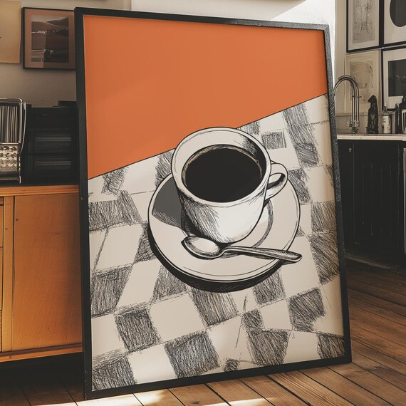 Black Coffee Cup Retro Sketch Orange Background Kitchen Art Print