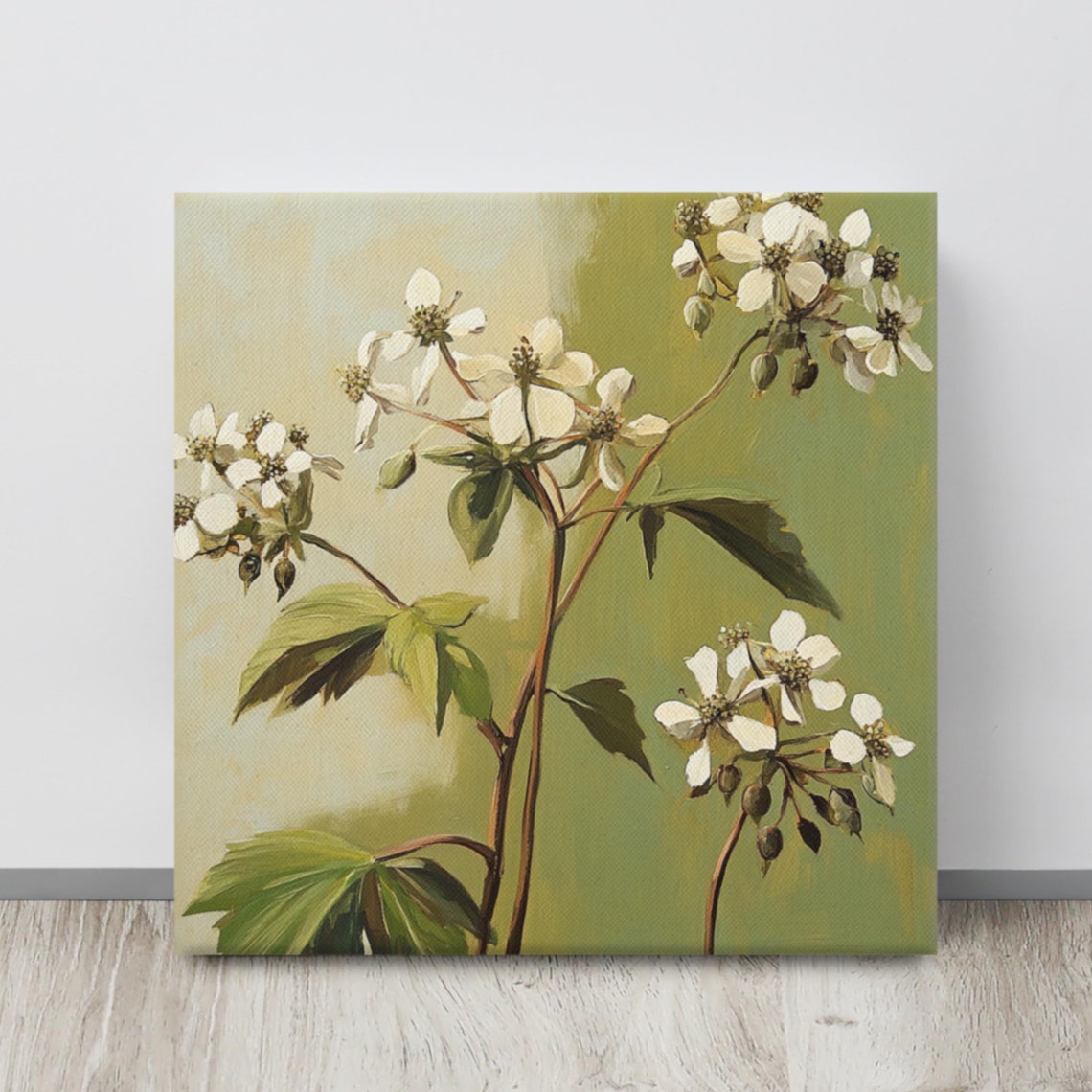 White Wildflowers on Olive Green Painterly Botanical Wall Art