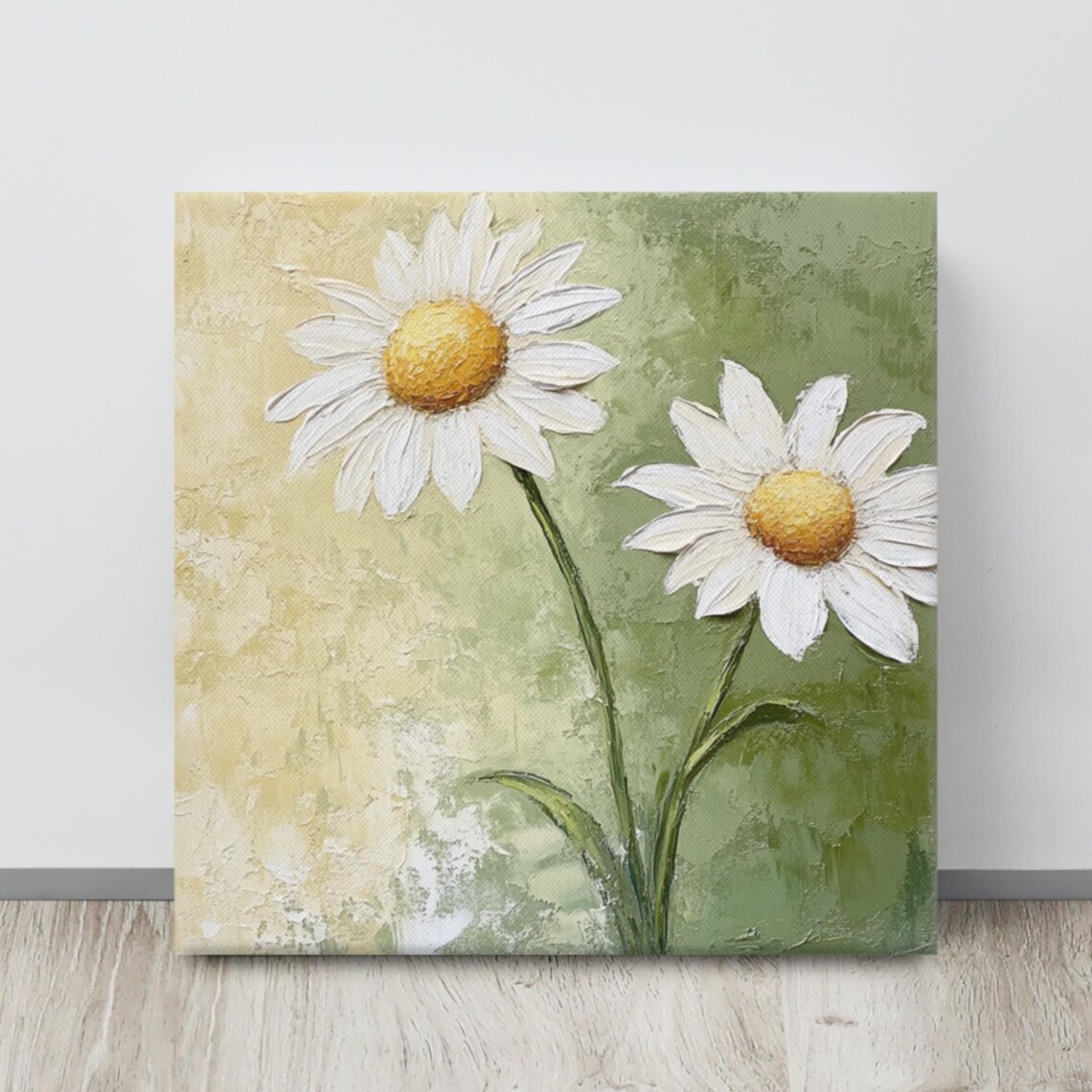 White Daisies Yellow Centers Textured Sage Green Floral Poster