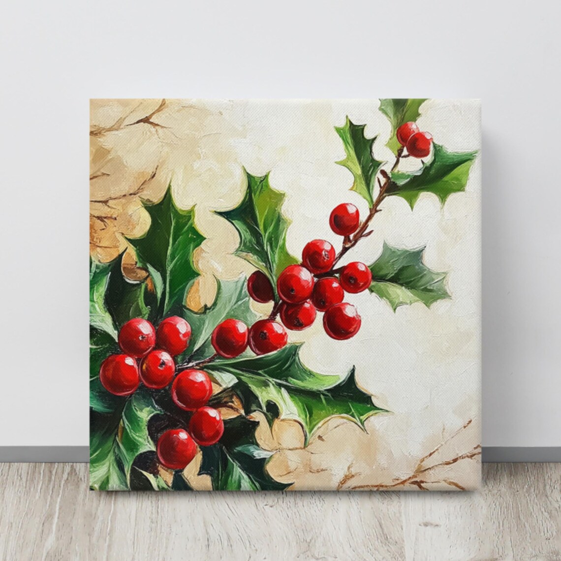 Christmas Holly Branch Red Berries Botanical Holiday Canvas Art Print