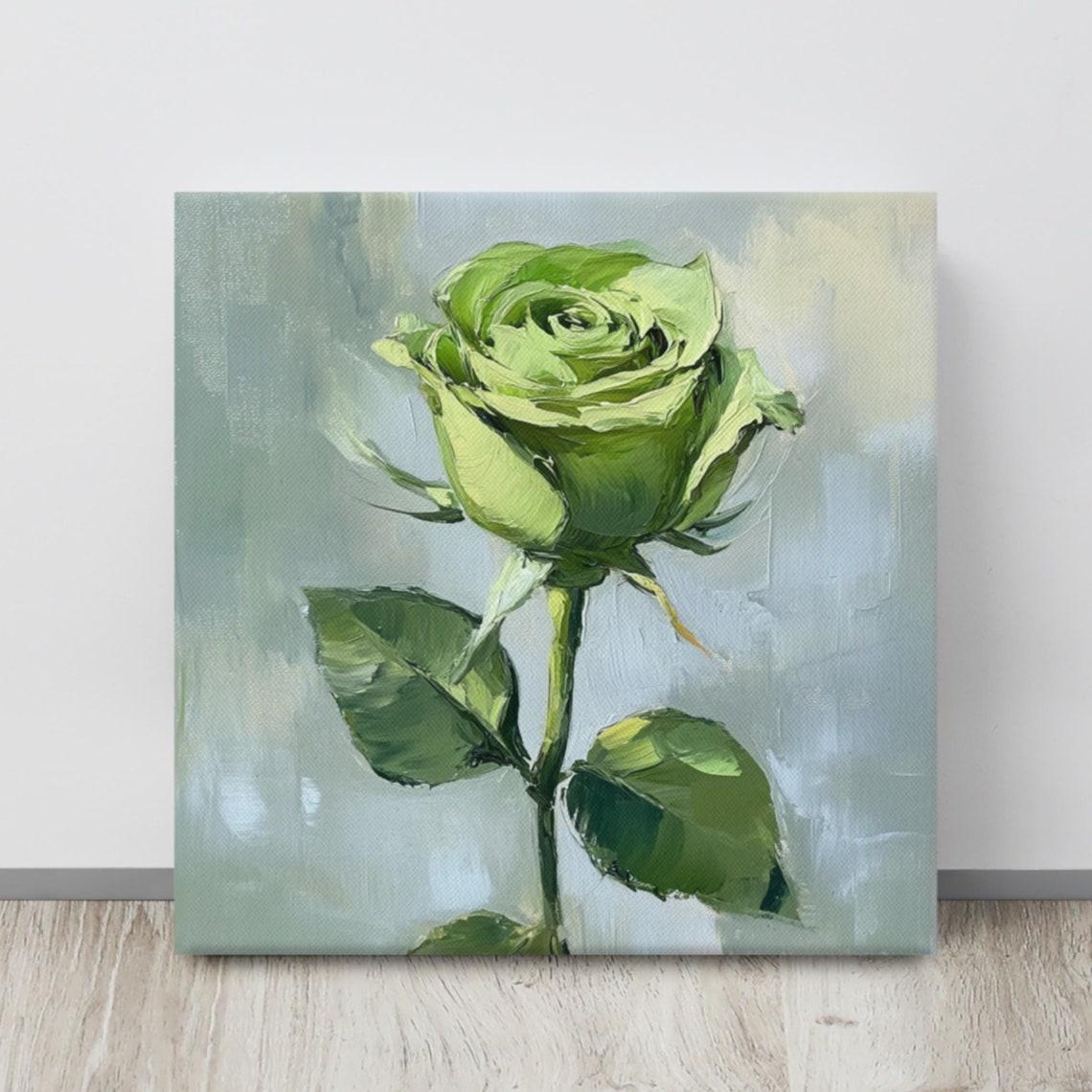 Green Rose Bloom Impasto Painting Cool Blue Background Art Poster