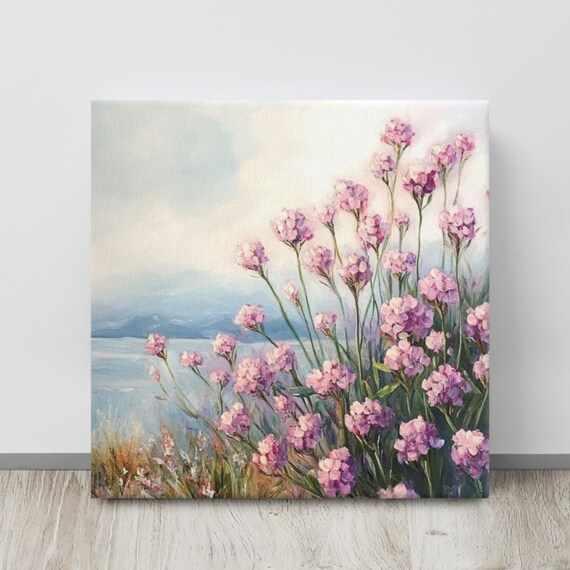 Pink Sea Thrift Flowers Coastal Landscape Painting Print Poster