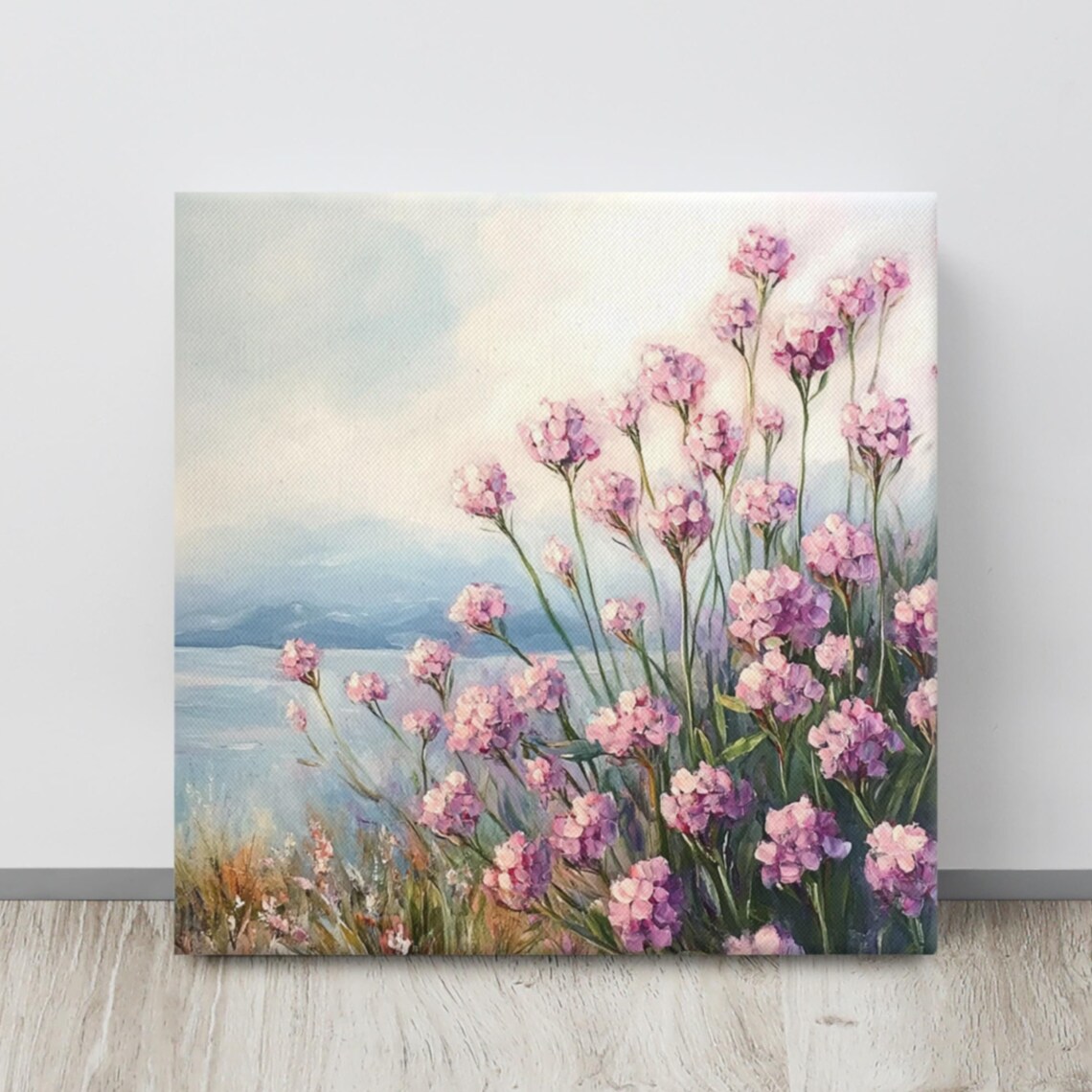 Pink Sea Thrift Flowers Coastal Landscape Painting Print Poster