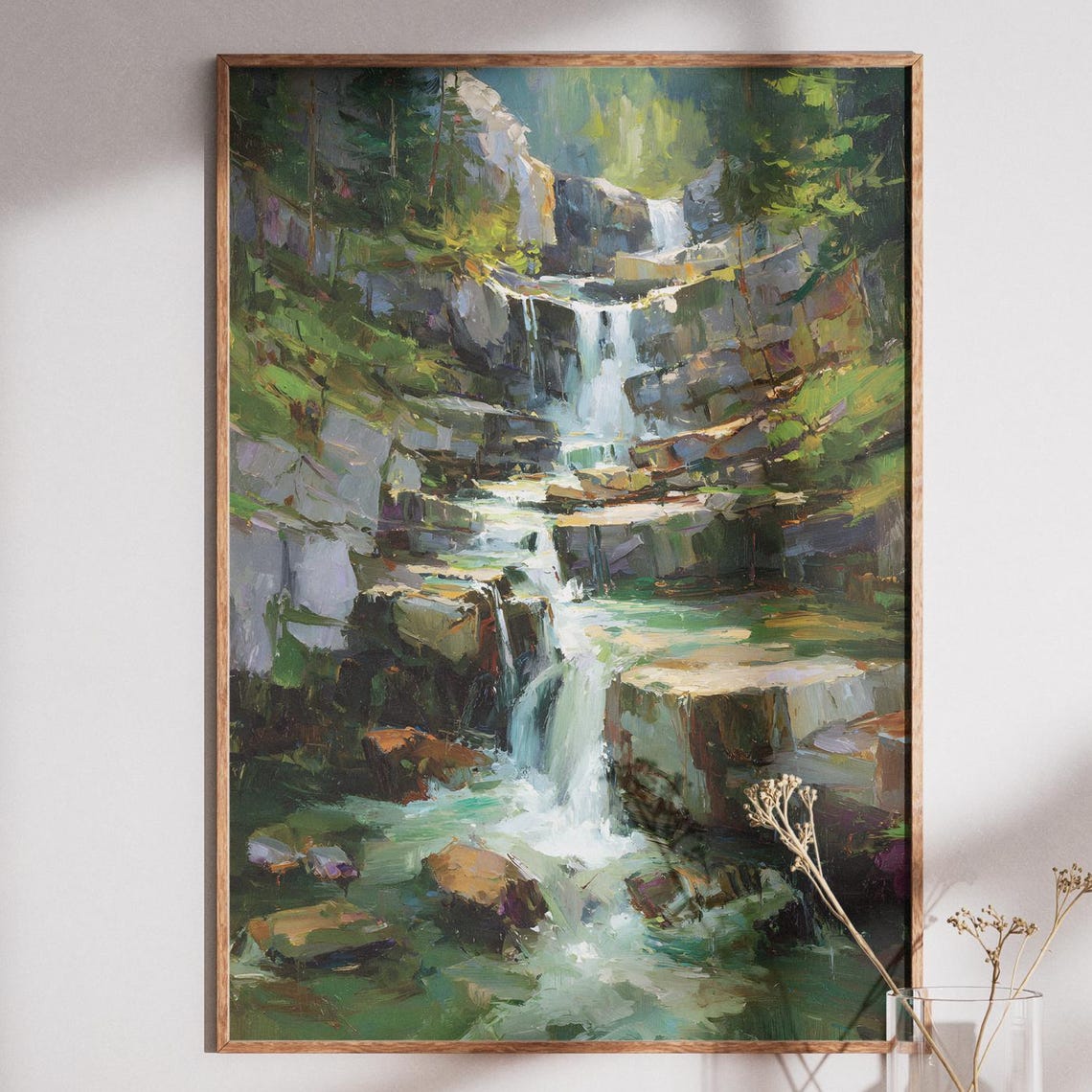 Cascading Waterfall Print Mountain Stream Landscape Art Textured Nature Painting Forest Wall Decor Instant
