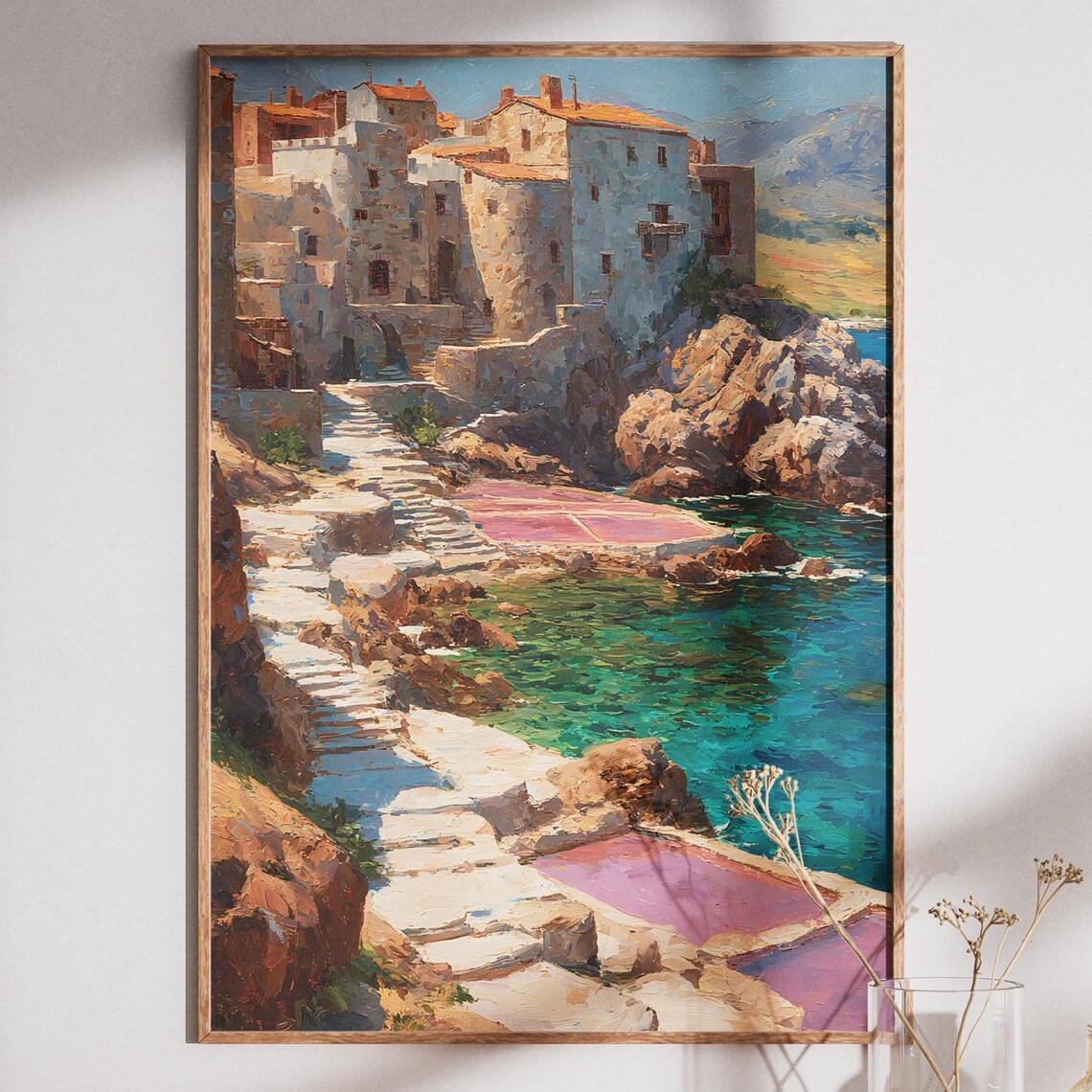 Mediterranean Coastal Village Cliffs Turquoise Sea Art Print