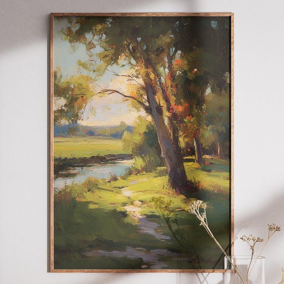 Country Path Print River Landscape Art Sun Dappled Tree Painting Nature Wall Decor Rustic Farmhouse Instant