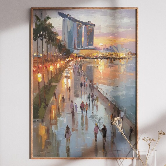 Singapore Skyline Painting Marina Bay Sands Art Print Modern Cityscape Wall Abstract Impasto Travel Decor Large