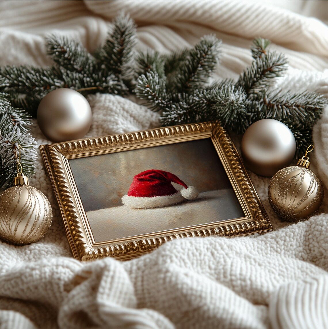 Red Santa Hat Oil Painting Neutral Vintage Christmas Wall Art Poster - Image 4