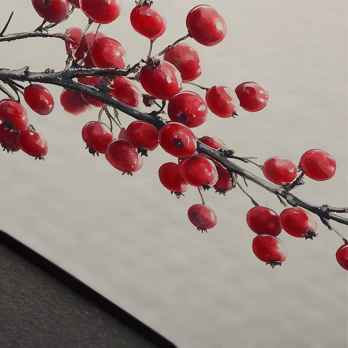 Red Berry Twig Watercolor Minimalist Neutral Winter Holiday Art Print - Image 5